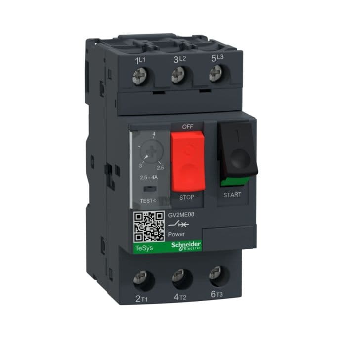قاطع دائرة محرك كهربائي من شنايدر إلكتريك، TeSys GV2، ثلاثي الأقطاب، 2.5-4 أمبير، مغناطيسي حراري، أطراف توصيل بمشابك لولبية