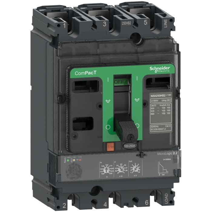 Compact NSX160B Circuit Breaker, 25kA at 415VAC, 3 Poles, Micrologic 2.2 Trip Unit, 160A
