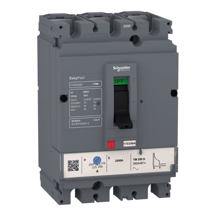 قاطع الدائرة الكهربائية من شنايدر إلكتريك EasyPact CVS100F، بقدرة 36 ​​كيلو أمبير عند 415 فولت تيار متردد، ووحدة فصل حرارية مغناطيسية TM-D بقدرة 100 أمبير، ثلاثي الأقطاب ثلاثي الأبعاد