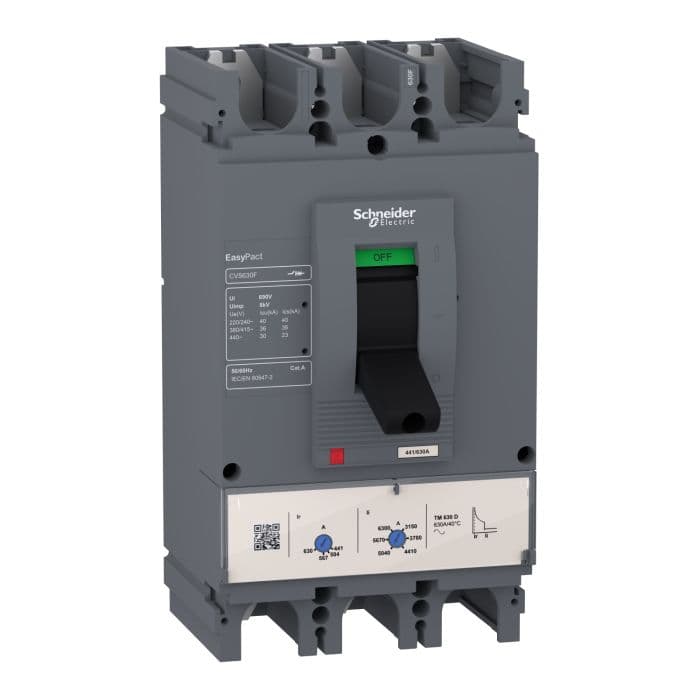 قاطع دارة كهربائية، EasyPact CVS630F، 600 أمبير، ثلاثي الأقطاب، 36 كيلو أمبير، وحدة فصل حرارية مغناطيسية TMD