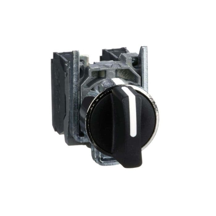 Schneider Electric Selector Switch, Metal, Black, 22mm Mounting, 3 positions, spring spring return, 2 NO
