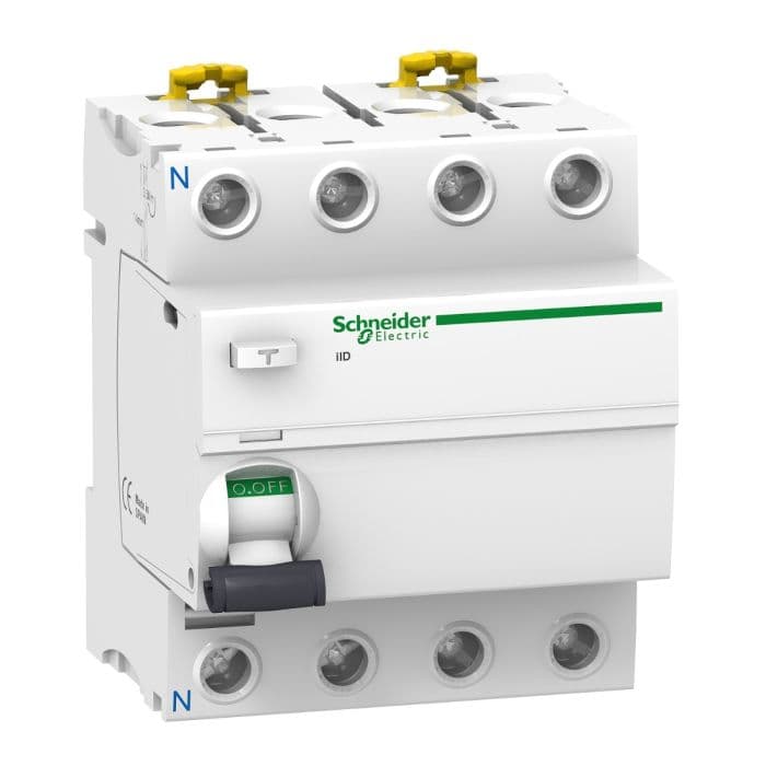 a9r11463 قاطع التيار المتبقي Schneider Electric Acti 9 iID، رباعي الأقطاب، 63 أمبير، 30 مللي أمبير، نوع تيار متردد، 6 كيلو أوم