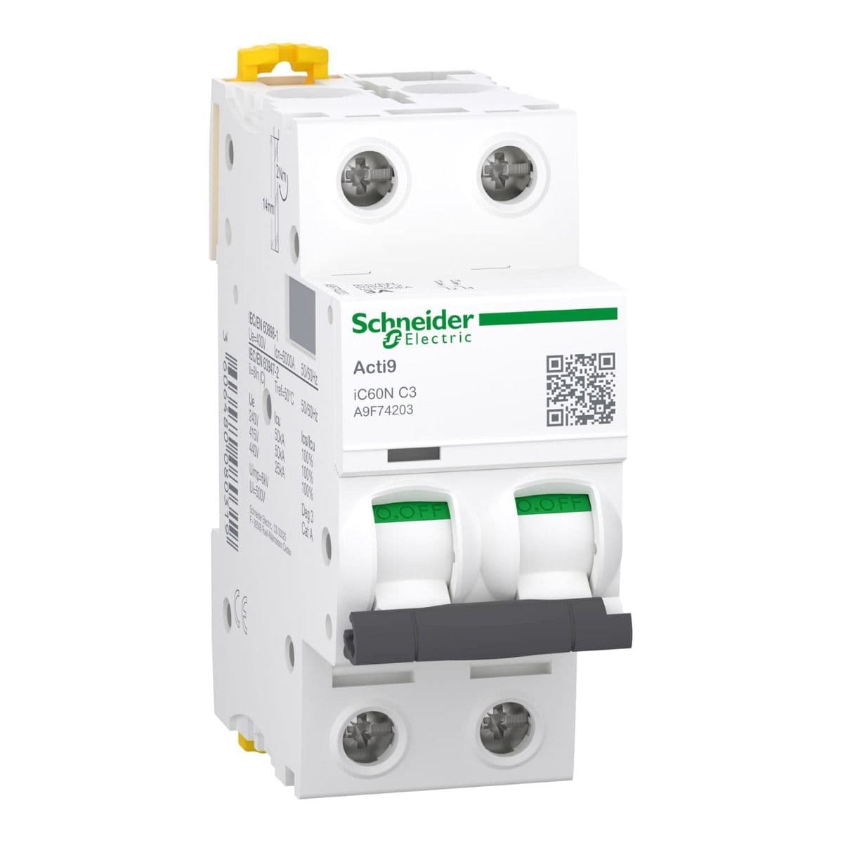 Schneider Electric Miniature Circuit-Breaker (MCB), Acti9 iC60N, 2P, 3A, C curve, 6000A, 10K