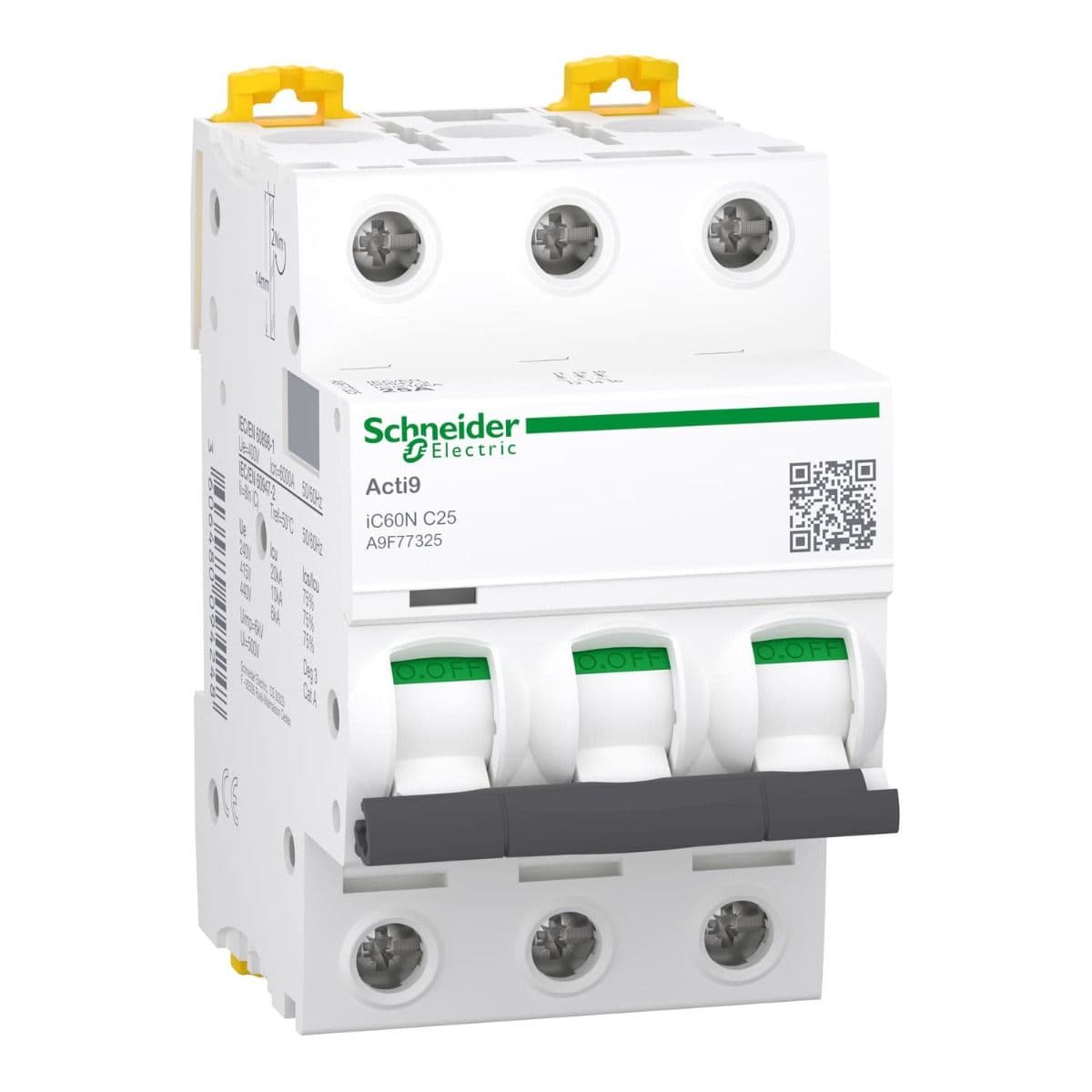 قاطع الدائرة المصغر من شنايدر إلكتريك، Acti9 iC60N، ثلاثي الأقطاب، 25 أمبير، منحنى C، 6000 أمبير