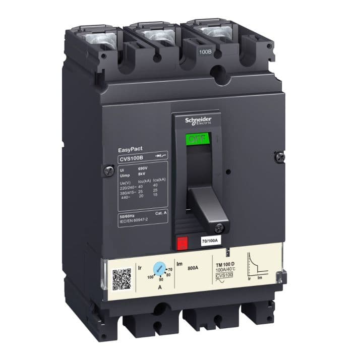 Schneider Electric Circuit Breaker Easypact CVS100F, 36 Ka At 415 Vac, 63 A Rating Thermal Magnetic Tm-D Trip Unit, 3P 3D